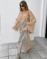 Luxe Sheer Beige Flowing Dress - Ruffled Long Sleeve
